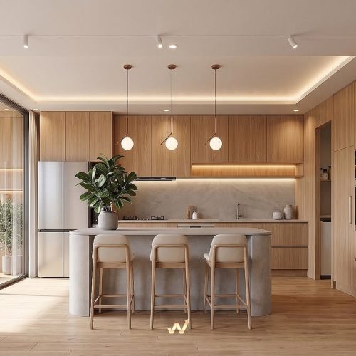 Desain Interior DapurArea dapur dirancang dengan konsep open space yang menyatu dengan ruang mak