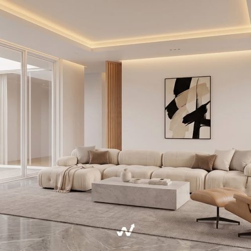 Desain Interior Ruang KeluargaMenggunakan layout terbuka yang lapang. Di tengahnya terdapat sofa (1)