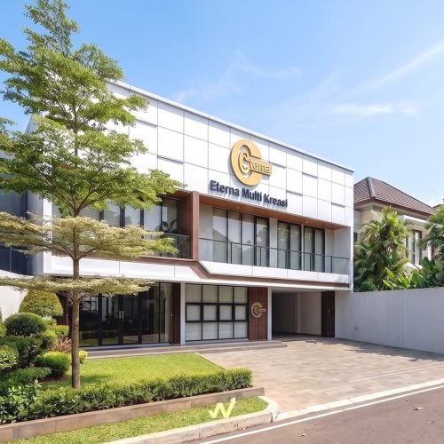 Desain Kantor Modern 2 lantaiLantai atas didominasi oleh panel cladding berwarna putih dengan te (3)