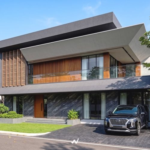 Desain Rumah Tinggal 2 lantai Modern KontemporerBangunan ini menonjolkan bentuk geometris yang t (1)