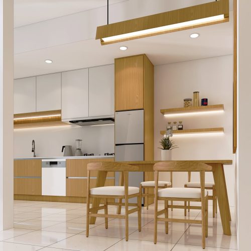Ruang dapur dan ruang makanInterior dapur dan ruang makan di desain dengan material yang sederha (1)